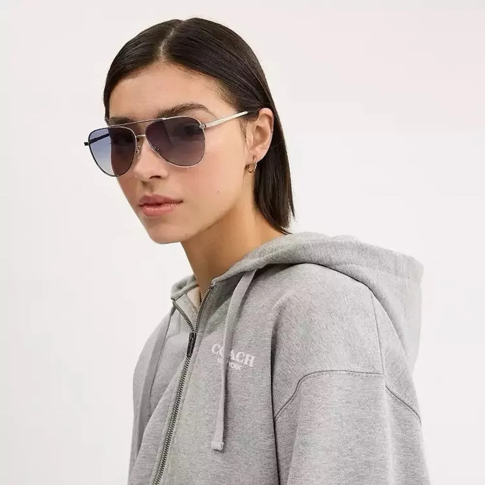 NWT Coach C Hardware Metal Pilot Sunglasses Silver Blue CAE96